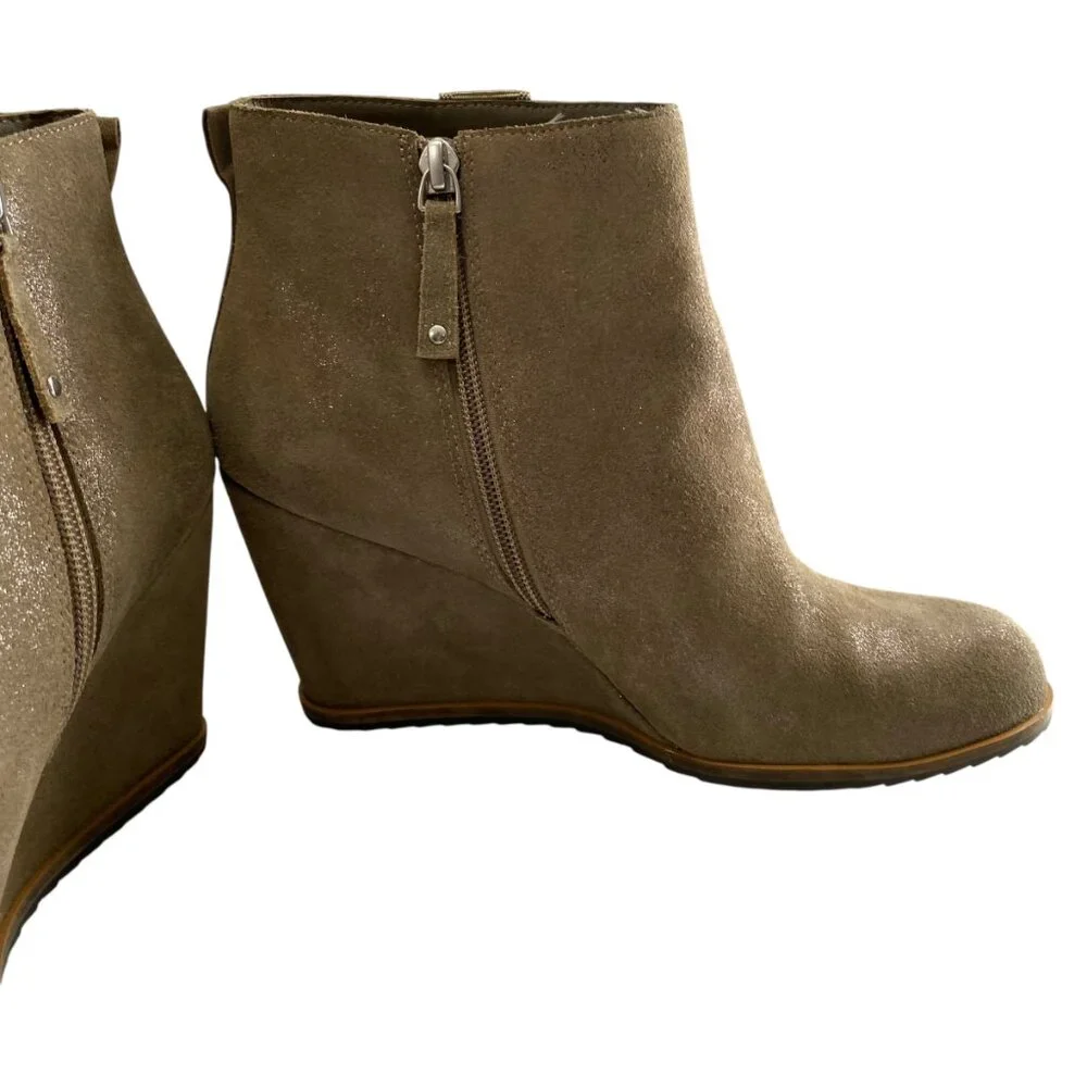 Linea‎ Paolo Suede Leather Wedge Ankle Booties Womens 9M Taupe Shimmer Zipper